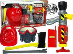 Brandweerset met waterblusser, masker en rode helm