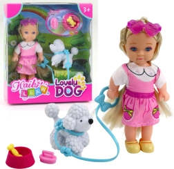 Mini-Puppe mit Hund an der Leine und Schale mit Knochen