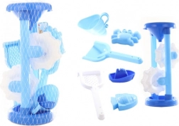 Blauwe kindermolen voor zand en water met vormpjes
