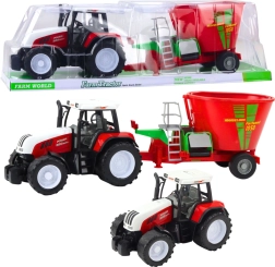 Red farm tractor with trailer and feed mixer 60 cm