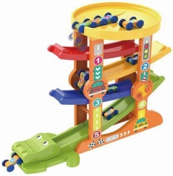 Piste de course crocodile avec petites voitures et lanceur