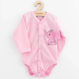 Babybody met lange mouwen en volledige drukknoopsluiting NEW BABY Happy Elephant roze