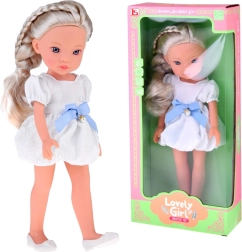 Lovely Girl modieuze pop in witte jurk met blauwe strik 33 cm