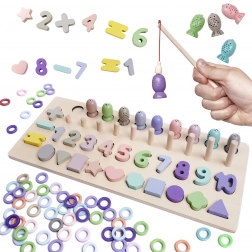 Jeu éducatif en bois 2-en-1 : trieur de formes, boulier et poissons magnétiques