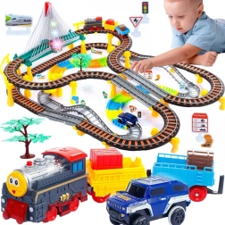 WOOPIE circuit de train électrique et piste de course 2‑en‑1 avec viaduc, train et voiture, 192 pièces