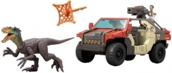 Jurassic World terreinwagen met bestuurder en velociraptor