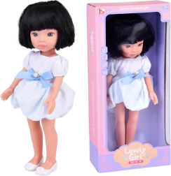 Lovely Girl poupée aux cheveux noirs courts en robe blanc-bleu 33 cm