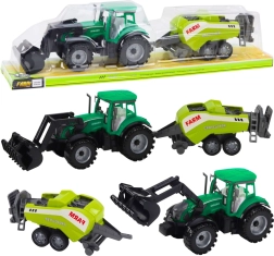 Green tractor with loader and compatible baler