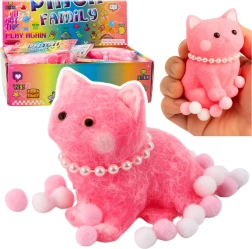 Soft anti-stress squishy kitten with pearls and pompoms, pink 8 cm
