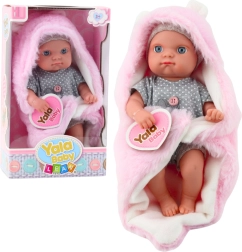 Cloth baby doll in gray pajamas with pink bunny-ear blanket 23 cm