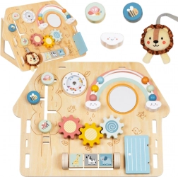 tableau d’activités en bois en forme de petite maison pour enfants