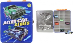 Blikken box voor autootjes met set van 6 metalen voertuigen met pullback