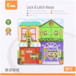 Houten Montessori activiteitenbord huisje met sloten en grendels