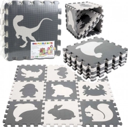 Puzzle de sol en mousse EVA avec motif dinosaures, contrastes gris et beige, 9 pièces
