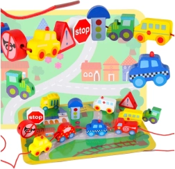Perles en bois à enfiler – véhicules et panneaux de signalisation avec tapis de jeu