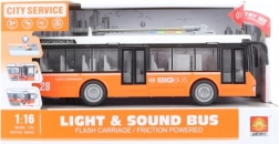 Oranjekleurige rijdende en lichtgevende trolleybus op batterijen