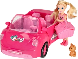 Roze cabriolet voor poppen met picknickset en hondje