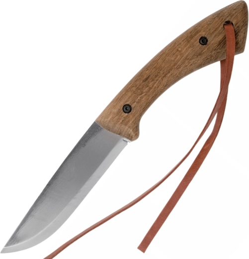 Bushcraftmes van koolstofstaal met handgreep van geïmpregneerd notenhout en lederen schede
