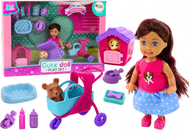 Doll with Puppies and Accessories – Pink Pet Care Set