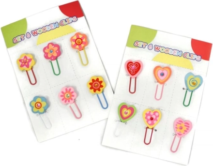 Wooden office clips hearts or flowers, set of 6 pcs