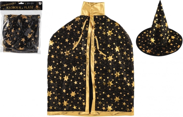 Children’s witch hat and cape, black-and-gold, 38 cm diameter