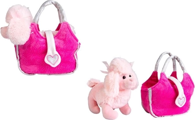 Caniche en peluche dans un sac à main rose