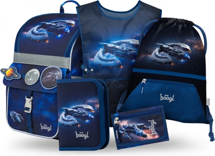 Spacecraft School Supplies Set: satchel, pencil case, drawstring bag, apron, wallet