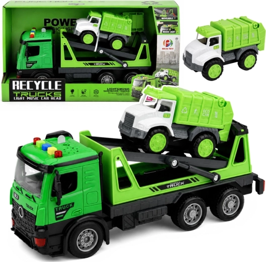 Green toy tow truck with garbage truck – lights and sounds
