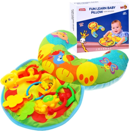 Stabilizing baby pillow with rattles and crinkly mat – Lion