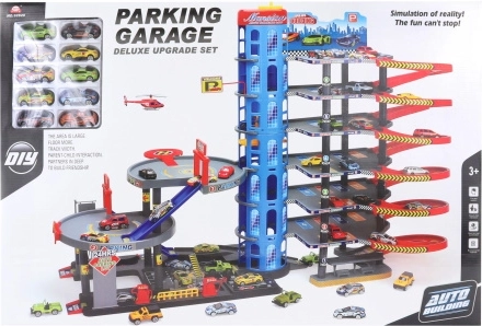 Große mehrstöckige Garage mit Autos und Heliport