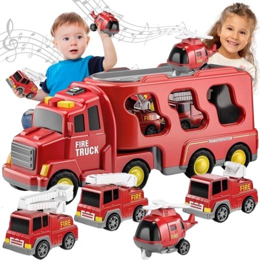WOOPIE firefighting set – transport truck and 4 vehicles with lights and sounds