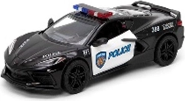 Metalen politieauto-model Corvette 2021 met openslaande deuren en pull-back aandrijving