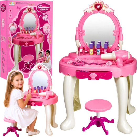Kids vanity table with mirror, lights and sounds, with stool and hair dryer (pink)
