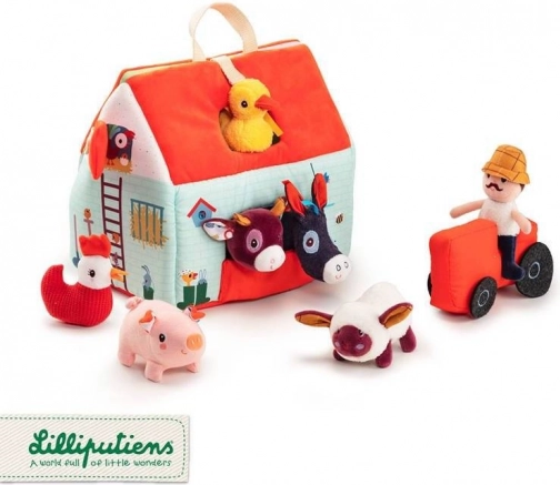 Lilliputiens fold-out farm with 6 animals, farmer and tractor 18 m+