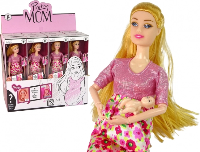 Pregnant Doll in Pink Dress with Flowers