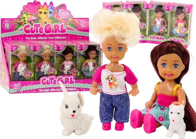 Mini doll with long hair and a little animal in colorful outfit