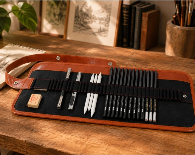 Wide range of pencils for sketches, outlines, and shading