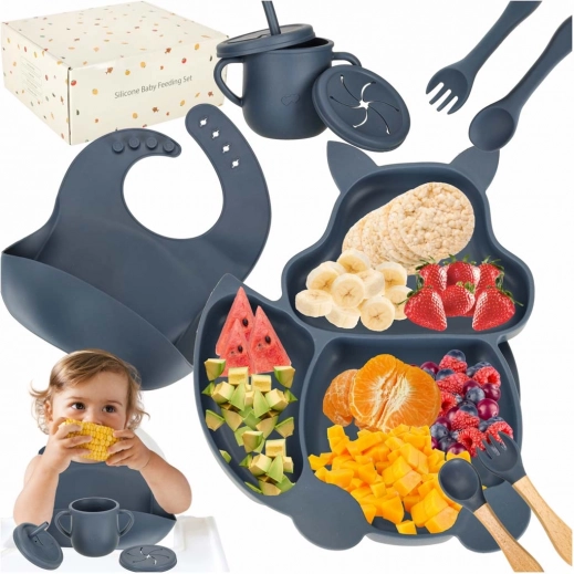 Silicone children's dining set with squirrel motif, 9 pieces, dark blue