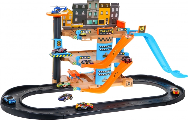 Four-story parking tower with lift for children 3+ Cars and helicopter with slide