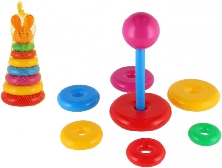 Plastic stacking pyramid with colorful rings 24 cm, in net, from 12 months