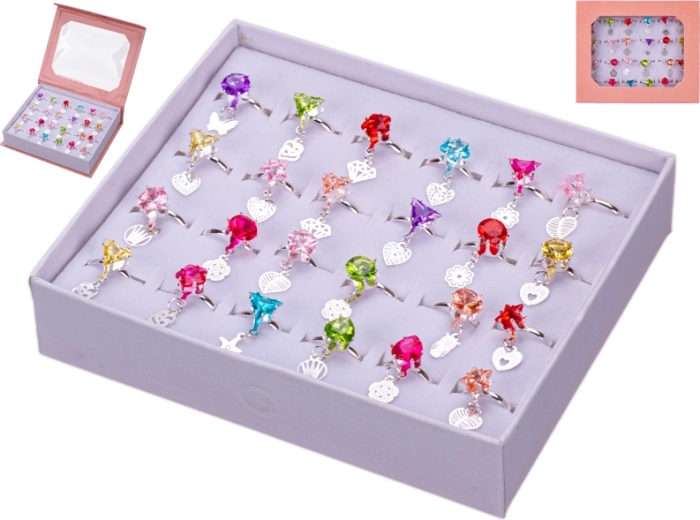 Set kinderringen met hangertjes en steentjes, 24 stuks