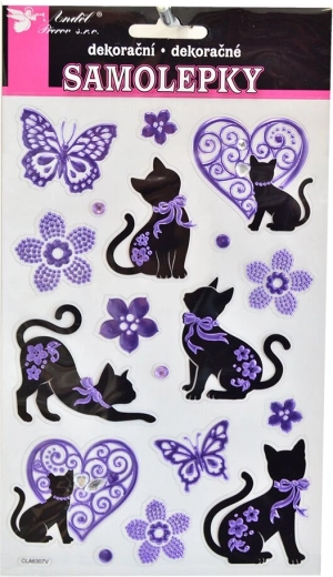 Black–purple cat stickers with decorative rhinestones (sheet 14 × 21 cm)