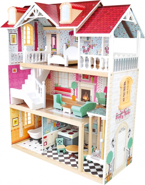 Bino three-story wooden dollhouse with elevator and 13 accessories