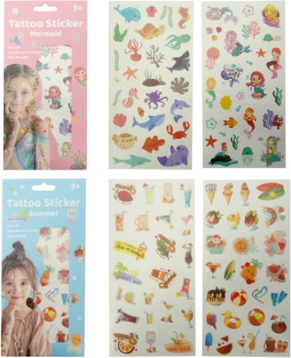 Tatouages temporaires pour enfants – motifs colorés de sirènes, fruits et accessoires d’été