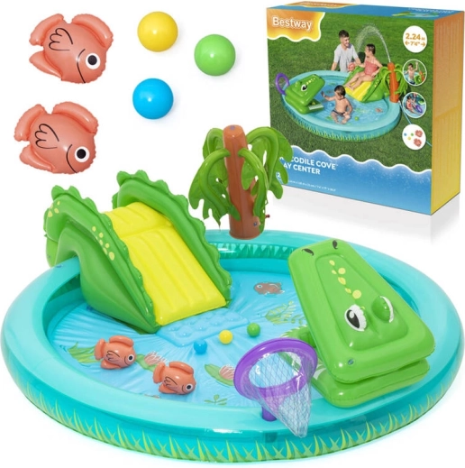 BESTWAY crocodile inflatable water play center with slide, sprinkler, and balls