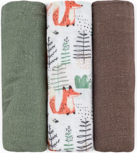 Petite&Mars Moussy Forest Fox bamboo muslin swaddles, 3 pcs, 68 × 68 cm