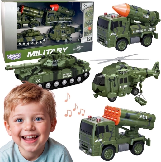 WOOPIE Military Vehicle Set with Rocket Launchers, Tank and Helicopter, 4 pcs, Scale 1:20