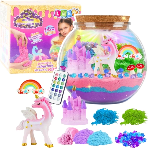 Creative DIY terrarium with unicorn and remote-controlled LED lamp