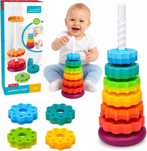Draaiende regenboog-stapeltoren voor kinderen 36 cm