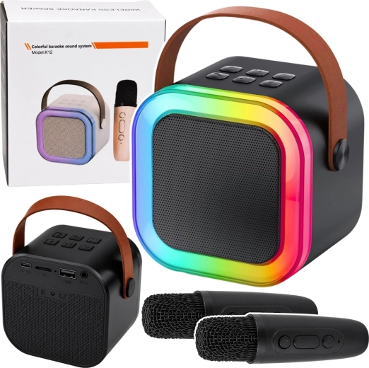 Draadloze karaoke set K12 – bluetoothspeaker met twee microfoons en LED-verlichting (zwart)